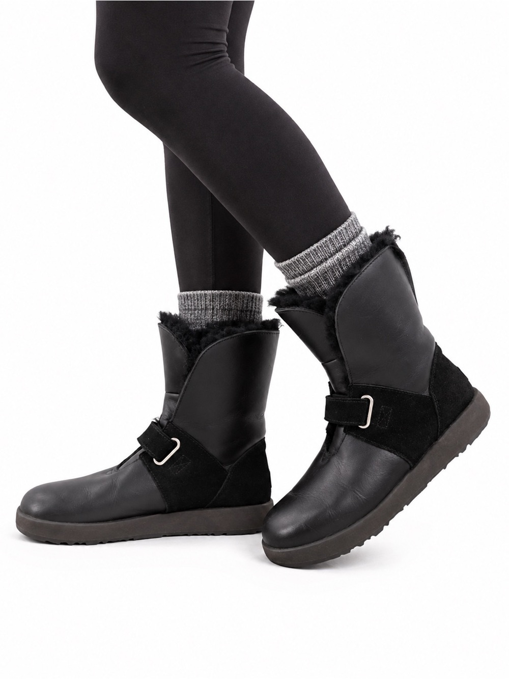 UGG Black Leather Shearling Buckle Boots Vibram Arctic Grip Waterproof 9